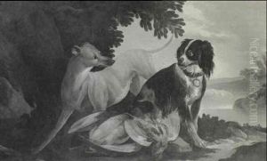 A Long Dog And A Spaniel With A Duck And A Partridge In A   Landscape