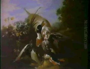 Chien Barbet Attaquant Un Canard Renard Gardant Un Coq Faisan by Jacques Charles Oudry