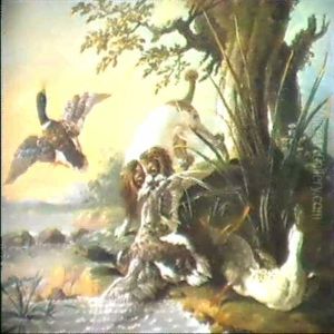 Chien Barbet Saisissant Un Colvert by Jacques Charles Oudry