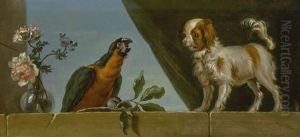A Parrot And A Dog On A Stone Ledge Alongside A Vase Of Flowers, A Green Curtain Beyond by Jean-Baptiste Oudry
