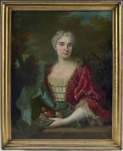 Portrait Presume De Madame Ponchon En Robe Rouge (+ Portrait Presume De Monsieur Ponchon En Habit Bleu; Pair) by Jean-Baptiste Oudry