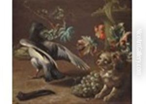 A Spaniel And Bird With Fruiting Vine And Ornamental Knife by Jean-Baptiste Oudry
