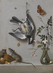 Still Life Of A Songbird And Butterflies, With Mice Eating Walnuts And Flowers In A Vase On A Stone Ledge