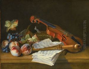 Still Life With A Violin, A Recorder, Books, A Portfolio Of Sheet Of Music, Peaches And Grapes On A Table Top by Jean-Baptiste Oudry