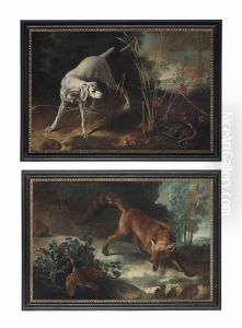 A Dog Pointing A Partridge; And A Fox Stalking A Brace Of Partridges by Jean-Baptiste Oudry