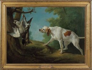 Chienne Blanche A L'arret Devant Un Lapin Et Un Colvert by Jean-Baptiste Oudry