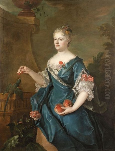 Portrait De Dame A La Robe De Satin Bleu Donnant Des Cerises A Un Perroquet Dans Un Paysage Architecturee - view 1