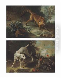 A Fox Stalking A Brace Of Partridges; A Dog Pointing A Partridge (pair) by Jean-Baptiste Oudry