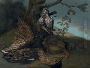 Trophee De Chasse Au Butor Etoile Et Perdrix Grises Suspendues A Un Arbre by Jean-Baptiste Oudry