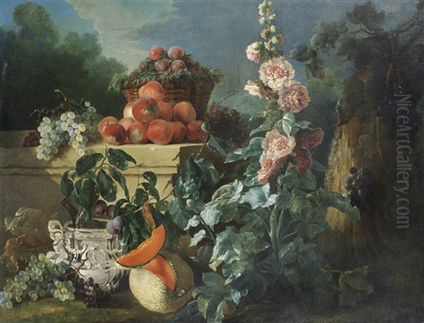 A Still Life Of Grapes, Peaches And A Basket Of Plums On A Stone Ledge Above A Silver Wine Cooler Beside A Split Melon And A Pink Hollyhock In A Wooded Park - view 1