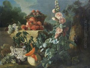 A Still Life Of Grapes, Peaches And A Basket Of Plums On A Stone Ledge Above A Silver Wine Cooler Beside A Split Melon And A Pink Hollyhock In A Wooded Park by Jean-Baptiste Oudry
