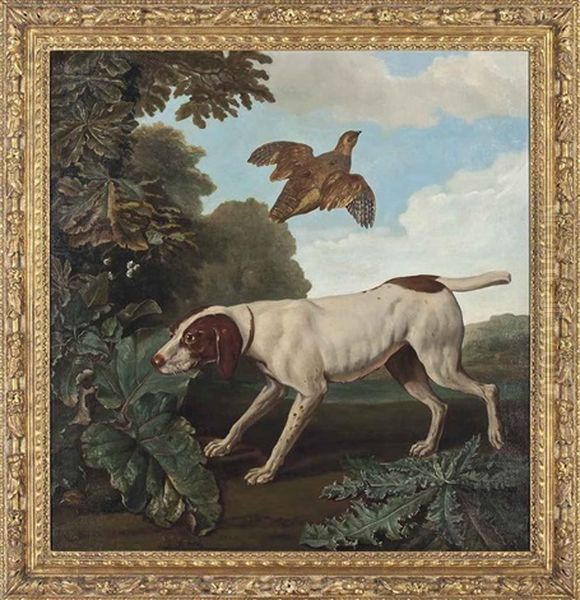 A Pointer In A Landscape, With A Partridge Flying - view 1