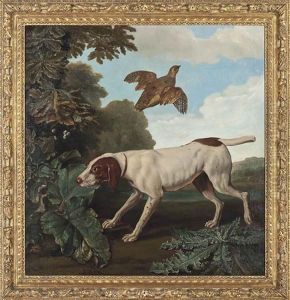 A Pointer In A Landscape, With A Partridge Flying