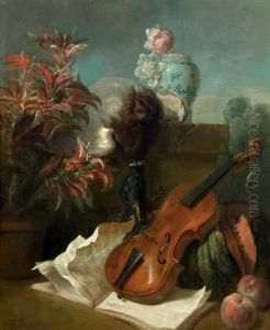 Nature Morte Au Violon, Col Vert, Potiche Bleue Et Fruits Dans Un Paysage by Jean-Baptiste Oudry