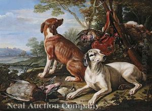 Two Hunting Hounds With Game In A Landscape by Jean-Baptiste Oudry