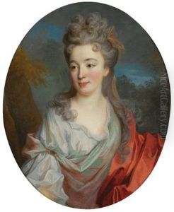 Portrait Of A Lady, Half Length, With A White Shirt And Red Sash, A Landscape Beyond