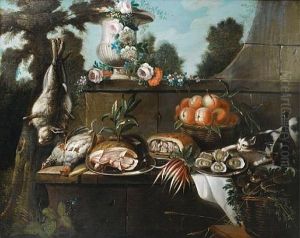 A Basket Of Peaches With A Ham On A Table, A Cat Stealing From A Plate Of Oysters And A Dead Hare Hanging From A Tree by Jean-Baptiste Oudry