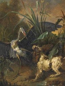 Jagdstuck. Reiher Attackiert Einen Jagdhund Im Schilf