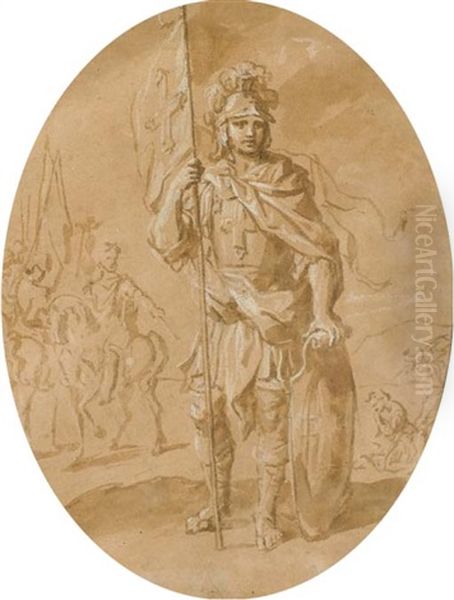 Saint Maurice Tenant Un Drapeau, Des Cavaliers Au Fond - view 1