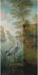 A Heron In A River Landscape by Jean-Baptiste Oudry