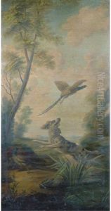 A Cocker Spaniel Chasing Pheasants Near A Pond In A Landscape by Jean-Baptiste Oudry