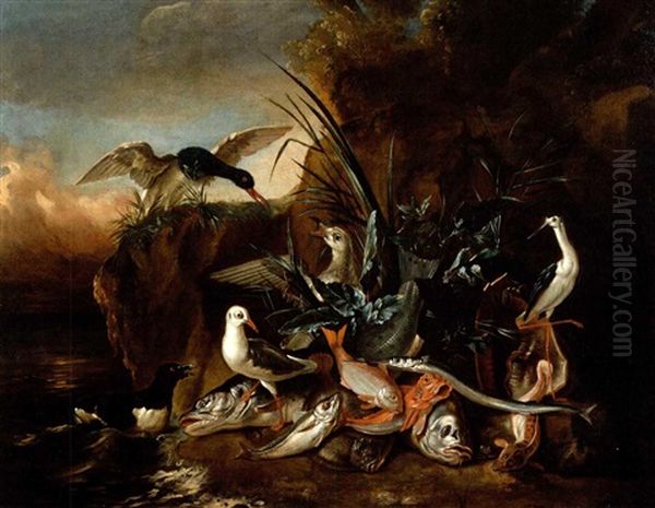 Stilleben Mit Vogeln Und Fischen Am Wasser - view 1