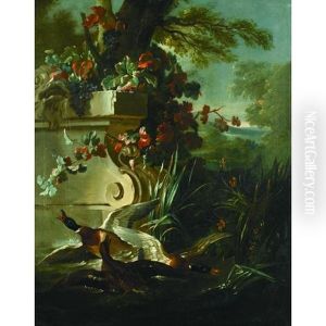 A Romantic Landscape With Ducks By A Fountain