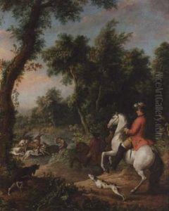 A Wooded Landscape With Three Gentlemen On Horses Hunting Down A Stag With Their Dogs