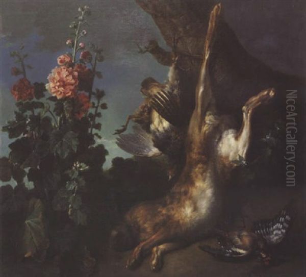 Nature Morte Au Lievre Et Perdreau Gris Attaches A Un Tronc D'arbre A Cote D'une Rose Tremiere - view 1