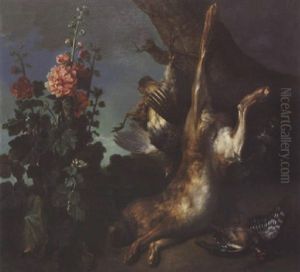 Nature Morte Au Lievre Et Perdreau Gris Attaches A Un Tronc D'arbre A Cote D'une Rose Tremiere