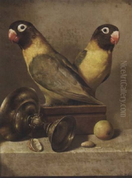 Two Parrots, A Silver Goblet, An Apple And An Almond On A Table - view 1