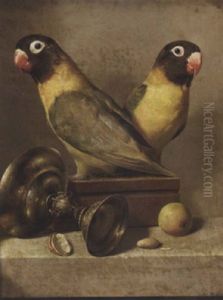 Two Parrots, A Silver Goblet, An Apple And An Almond On A Table