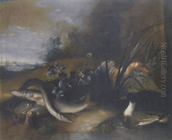 A Perch, A Pike, An Eel And Other Fish On An Embankment With Ducks In A Landscape - view 1