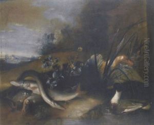 A Perch, A Pike, An Eel And Other Fish On An Embankment With Ducks In A Landscape by Jean-Baptiste Oudry