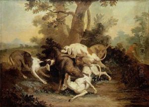 Une Meute De Chiens Attaquant Un Loup by Jean-Baptiste Oudry