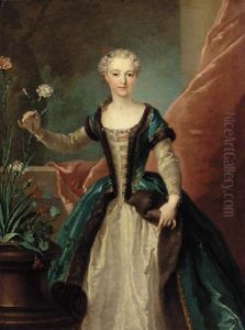Portrait Of A Young Lady In A White Dress And A Pearl- And Fur-lined Coat, Holding A Carnation In An Urn by Jean-Baptiste Oudry