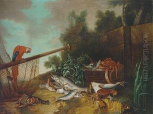 A Barrel With A Spider Crab And Fish, With Other Fish, A Crab And A Lobster On A Bank, With A Macaw Perched On A Spar Draped By A Net
