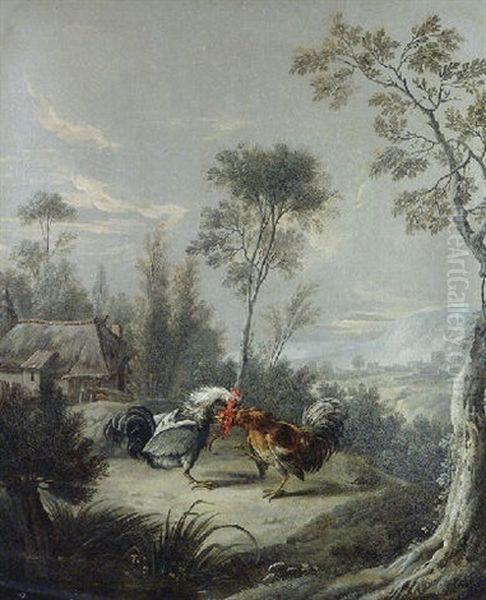 Two Cockerels Fighting In A Landscape - view 1