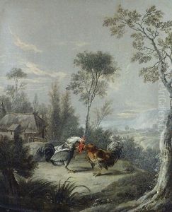 Two Cockerels Fighting In A Landscape