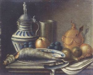A Herring On A Plate, A Stoneware Jug, Fruit, A Beaker, A Sugar-bowl And A Knife On A Draped Stone Ledge by Jean-Baptiste Oudry