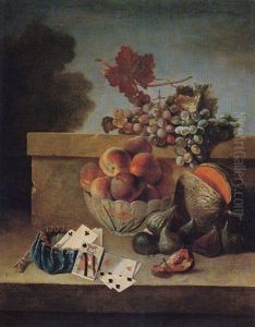 Still Life Of Peaches In A Porcelain Bowl, With Grapes, Figs, A Melon And A Purse With Coins And Playing Cards, All On A Stone Ledge by Jean-Baptiste Oudry