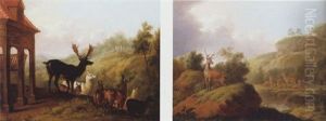 Deer And Reindeer In A Landscape by Jean-Baptiste Oudry