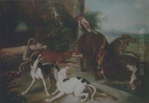 A Wooded Landscape With Hounds Attacking A Wild Boar by Jean-Baptiste Oudry