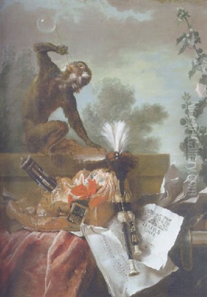 An Allegory Of Air: Musical Still Life With A Monkey Blowing Bubbles, A Musette, A Flute And Musical Scores - view 1