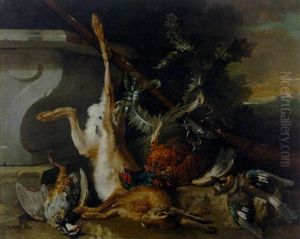 A Dead Hare, A Pheasant, A Young Partridge, A Jay And Other Game By A Plinth, A Landscape Beyond