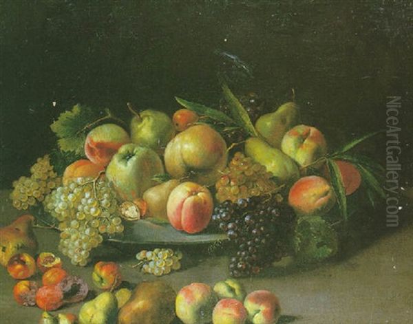 Nature Morte Au Plat De Pommes, Raisins Et Poires Sur Un Entablement - view 1