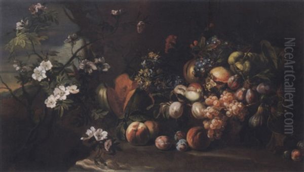 Still Life Of Fruits And Flowers On The Ground Before A Rock In A Landscape - view 1