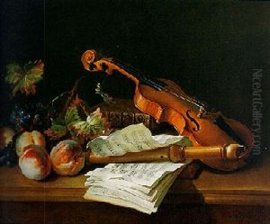 Still Life With A Violin, A Recorder, Books, Sheet Of Music, Peaches And Grapes On A Table Top by Jean-Baptiste Oudry