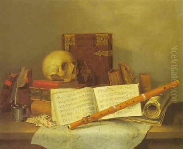Still Life With A Skull, Books, A Musical Score, A Map, An Inkwell And Quill, Playing Cards And A Flute Arranged Upon A Table - view 1