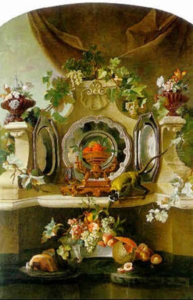 Still Life Of Silver, Fruit, A Ham, Flowers In Pots And A Monkey On A Stone Buffet - view 1